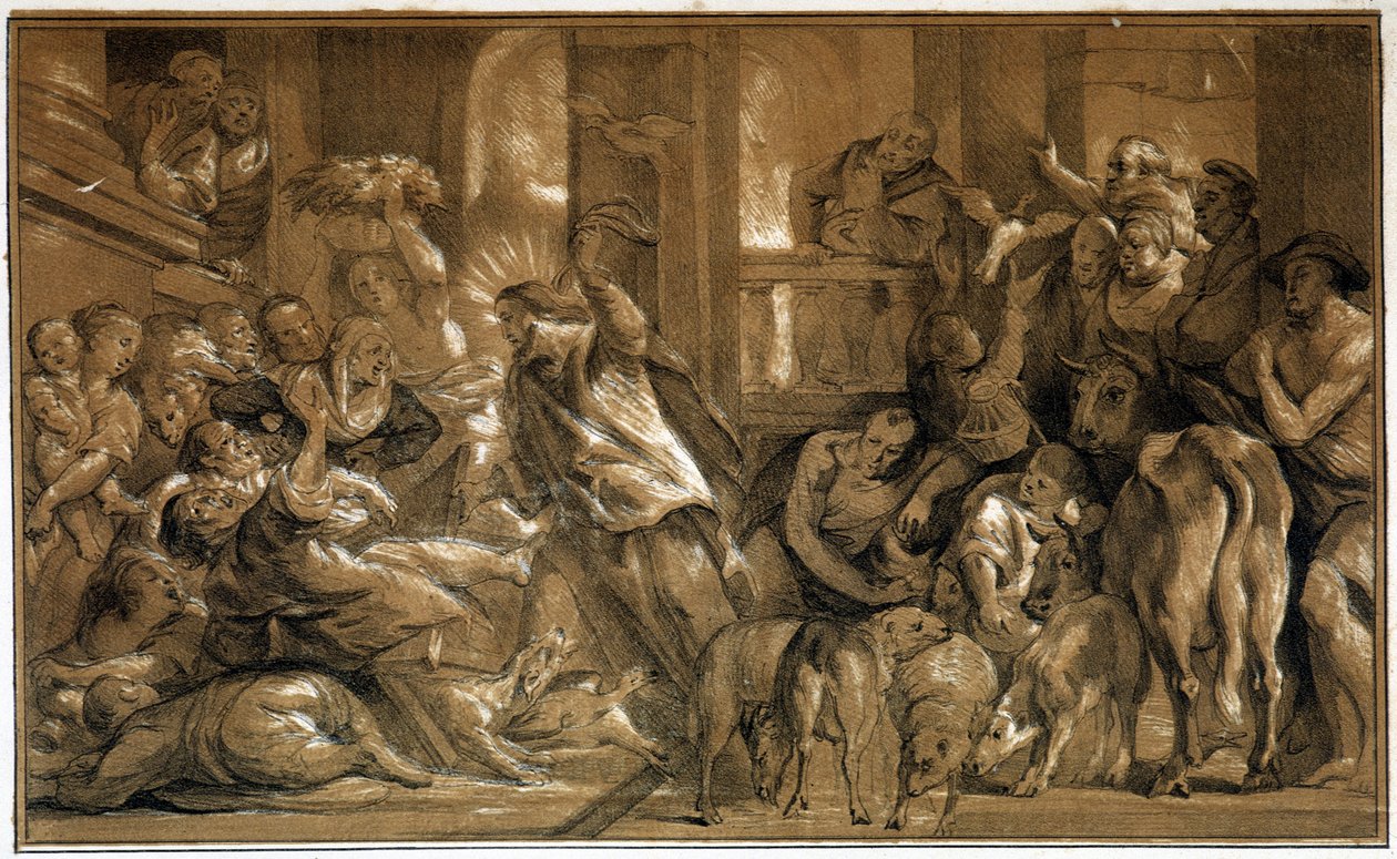 Kristus jager kjøpmenn fra tempelet - av Jordaens av Jacob the Elder (after) Jordaens