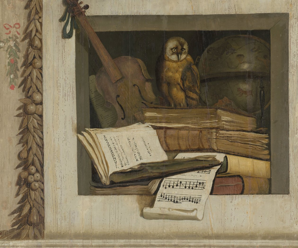 Stilleben med bøker, noter, fiolin, himmelglobus og en ugle av Jacob van Campen