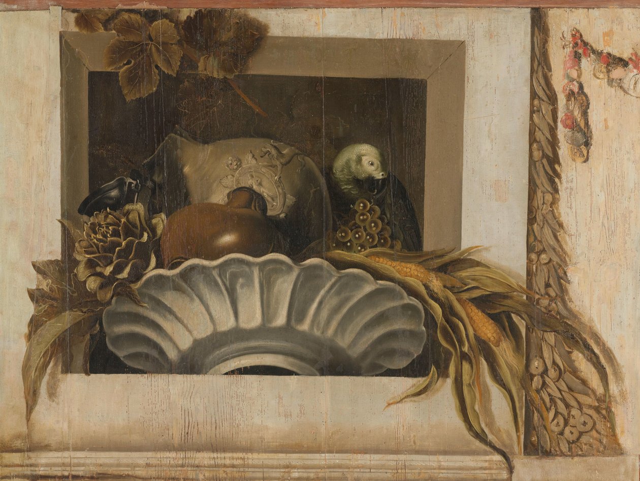 Stilleben med en skål med mais, artisjokker, druer og en papegøye av Jacob van Campen
