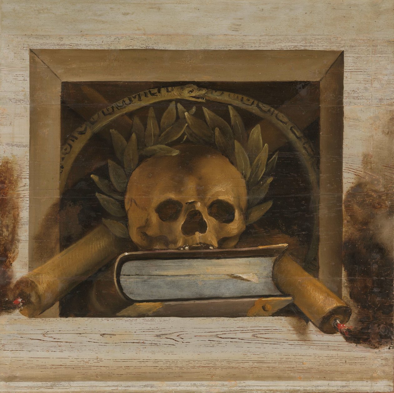 Vanitas stilleben med hodeskalle med laurbærkrans, bok og to brennende lys av Jacob van Campen