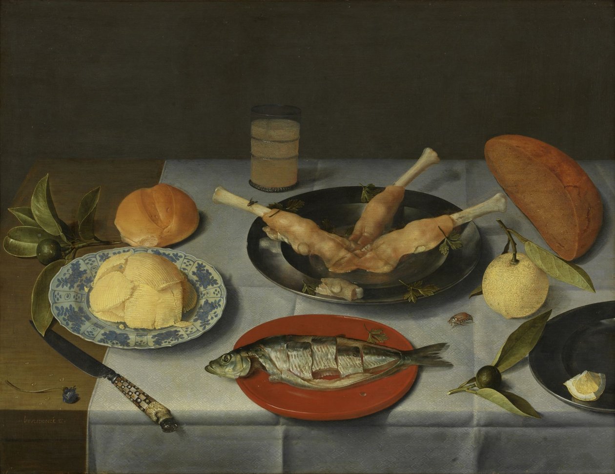 Frokost med brød, ost, fisk og øl, ca. 1615 av Jacob van Hulsdonck