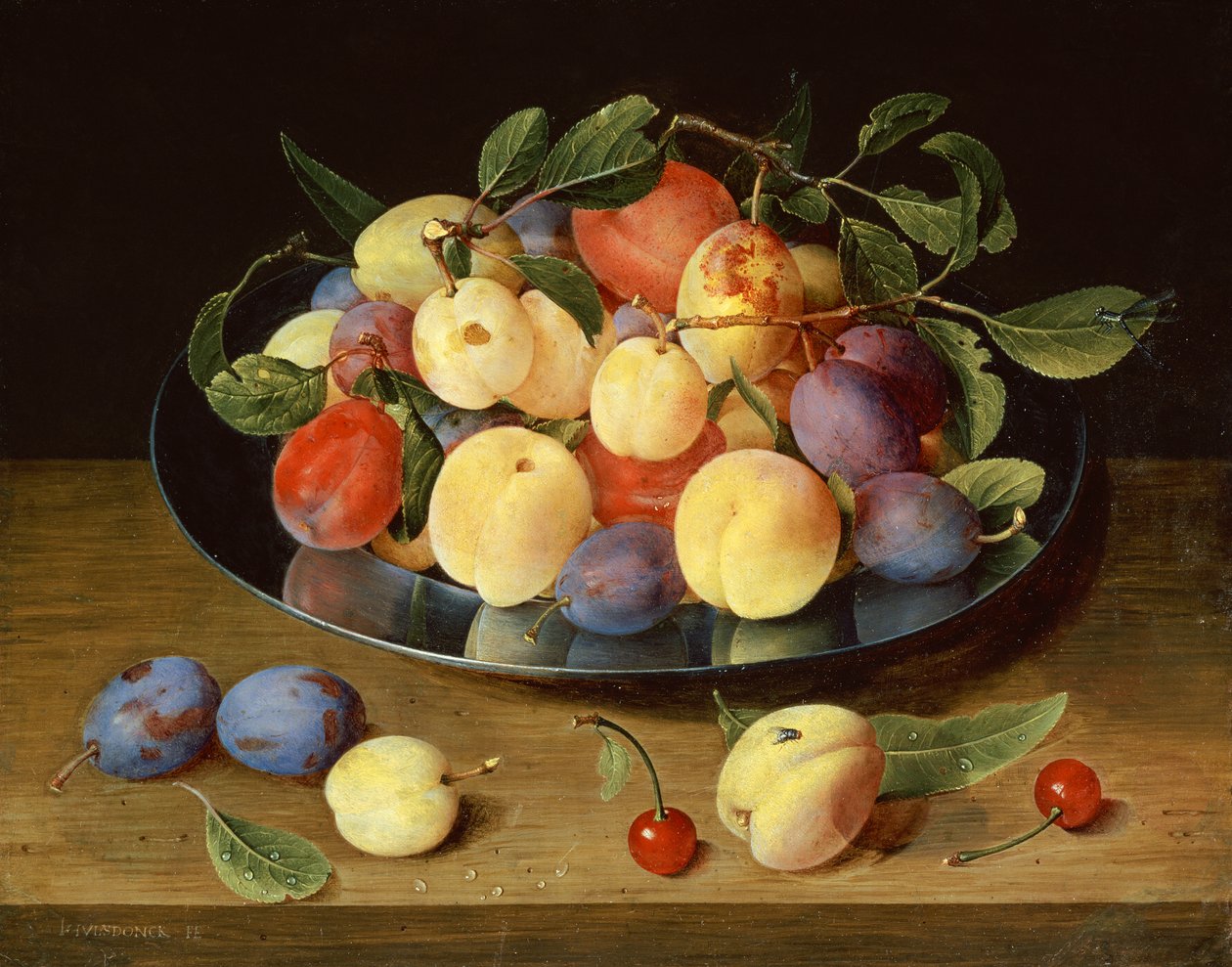 Plommer og fersken på en tinnplate (olje) av Jacob van Hulsdonck