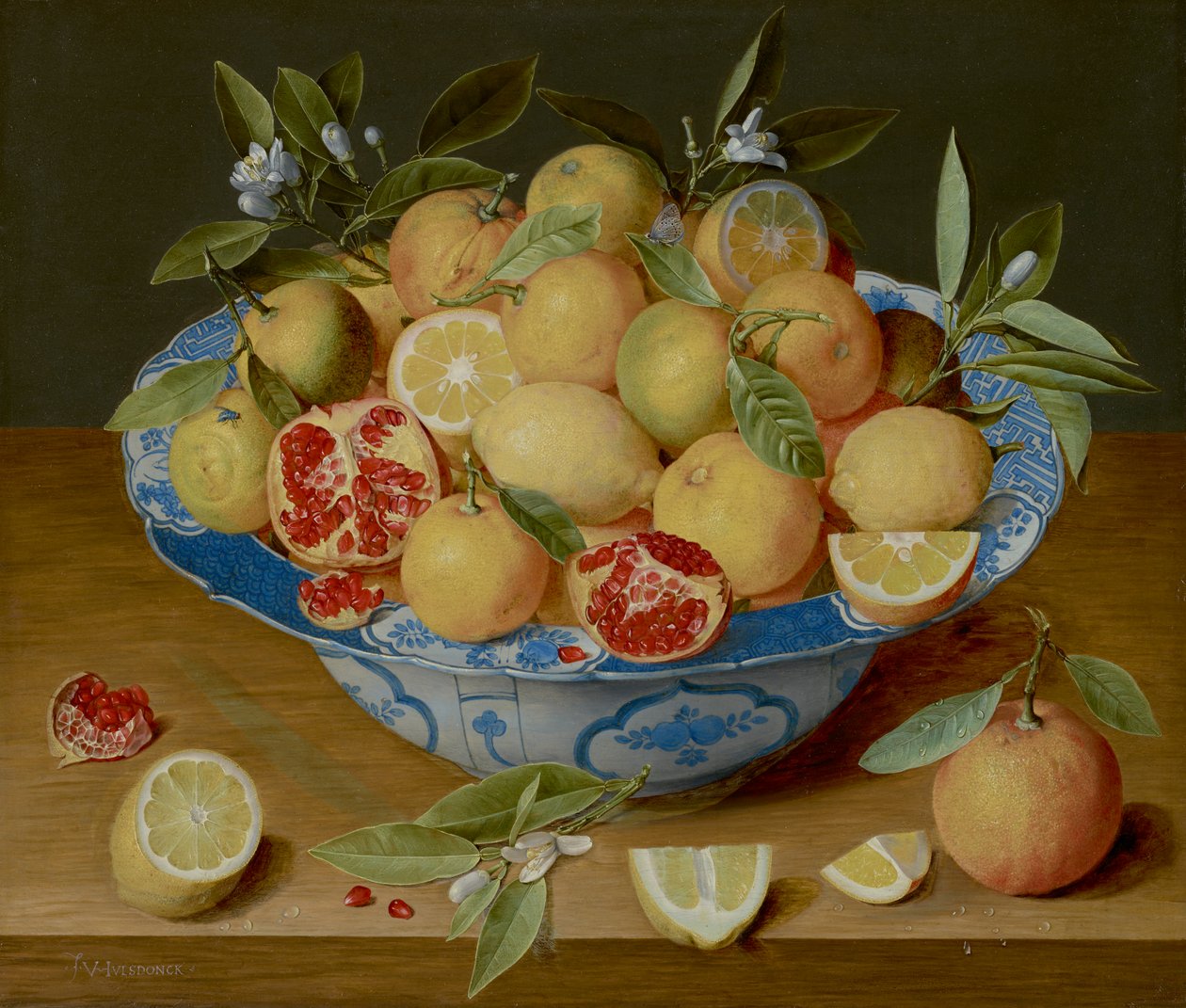 Stilleben med sitroner, appelsiner og et granateple, ca. 1620-40 (olje på panel) av Jacob van Hulsdonck