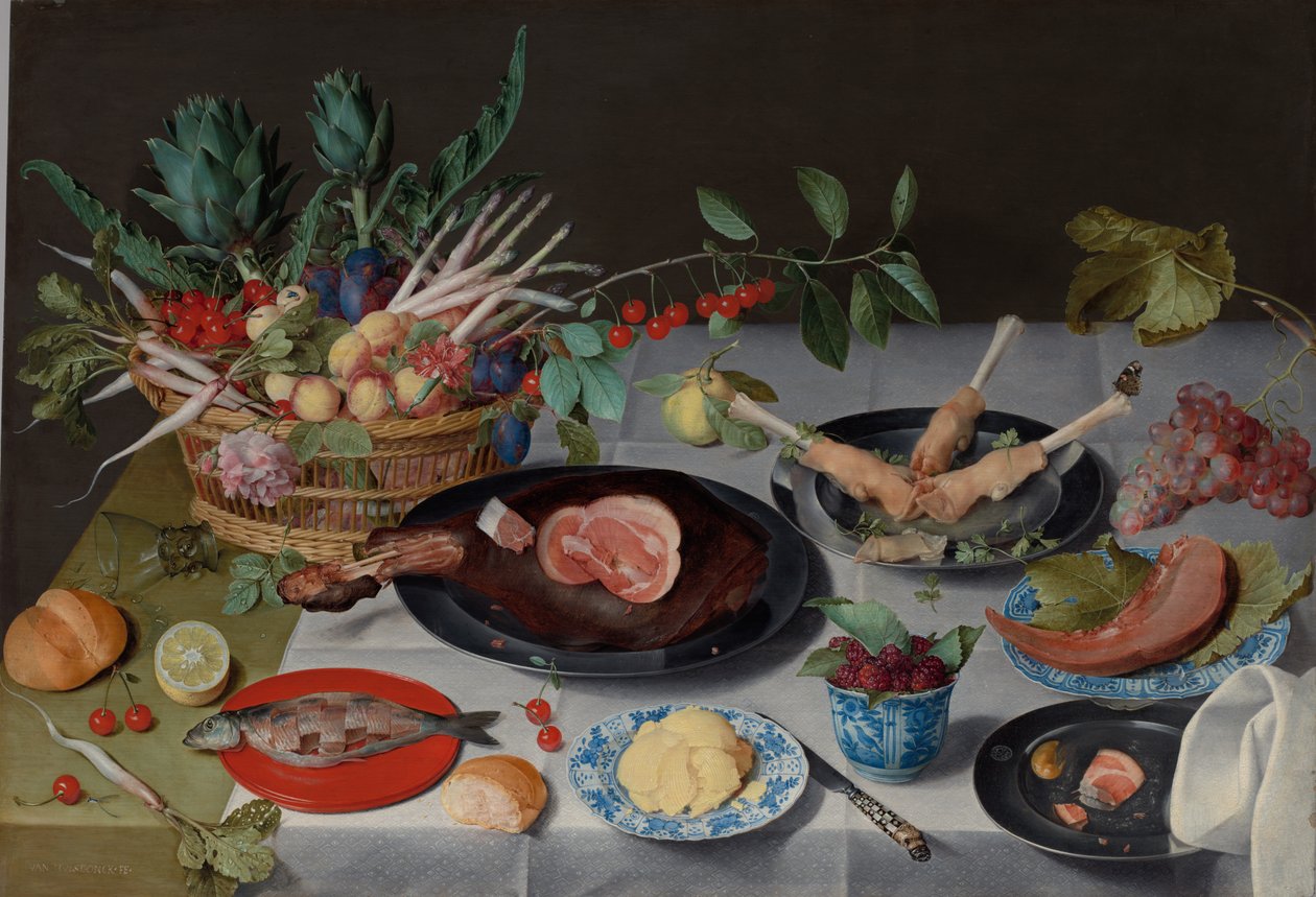 Stilleben med kjøtt, fisk, grønnsaker og frukt av Jacob van Hulsdonck