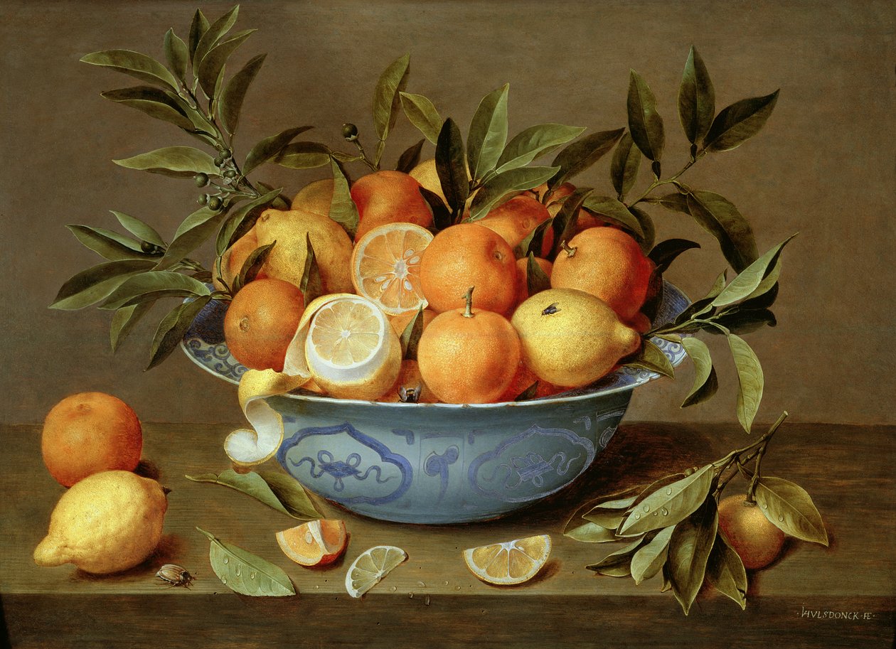 Stilleben med appelsiner og sitroner i en Wan-Li porselensfat av Jacob van Hulsdonck