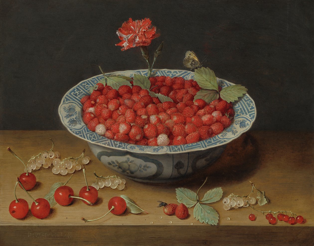 Ville jordbær og en nellik i en Wan-Li-skål av Jacob van Hulsdonck