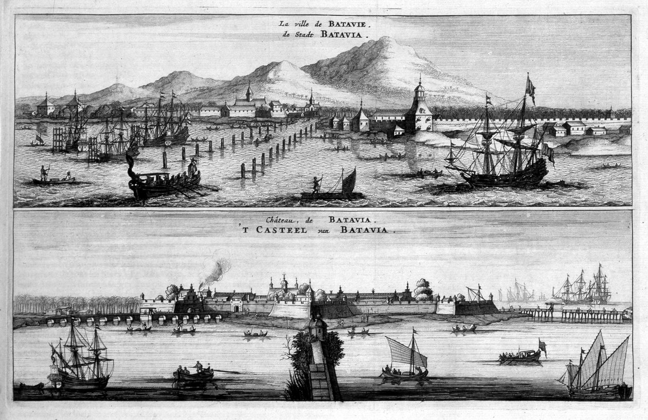 Utsikt over byen, havnen og slottet i Batavia - i "" Ambassade for Østkompaniet av De forente provinser mot keiseren av Kina eller Grand Cam of Tartaria "" av Pierre de Goyer og Jacob de Keyser, Leiden av Jacob van Meurs