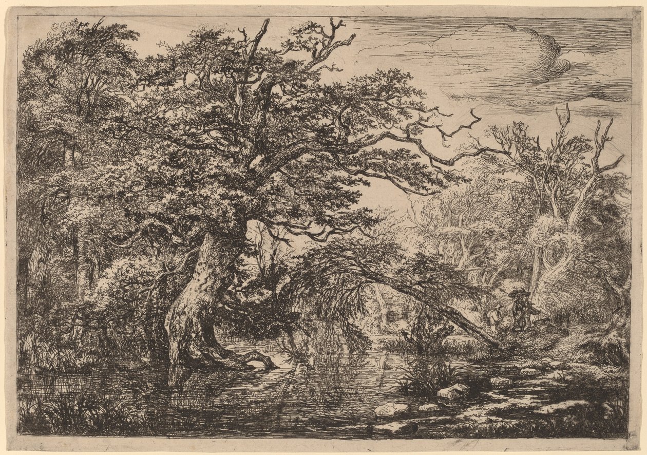 En skogmyr med reisende på en bank (De reisende) av Jacob van Ruisdael
