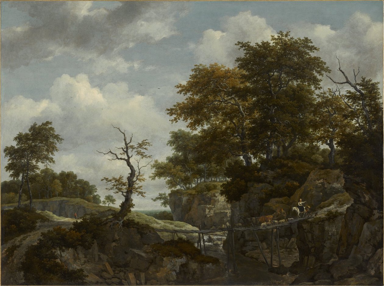 Landskap med bro, kveg og figurer av Jacob van Ruisdael