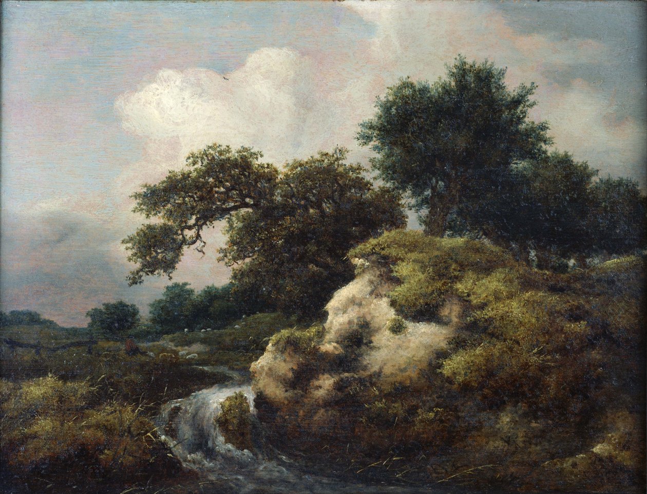 Landskap med sanddyner og liten foss av Jacob van Ruisdael