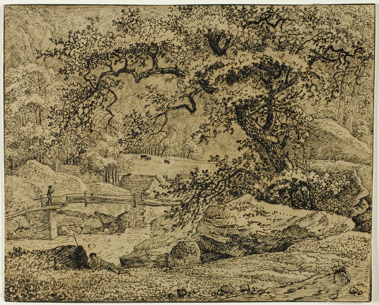 Landskap med figur hvilende under tre ved bekk av Jacob van Ruisdael