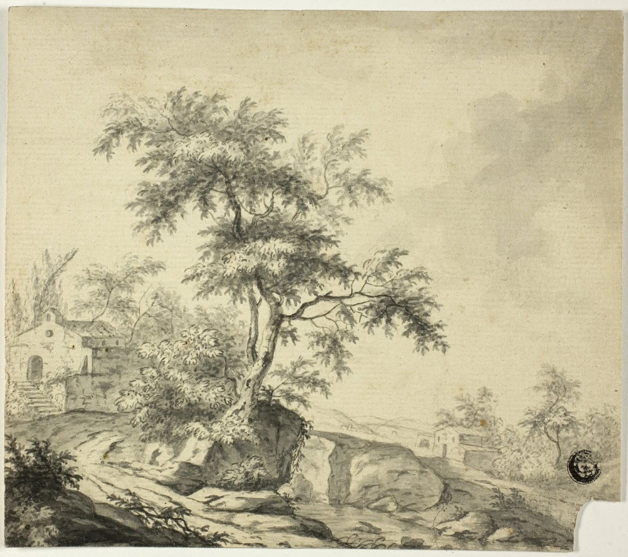 Landskap med tre på vei til bygninger av Jacob van Ruisdael