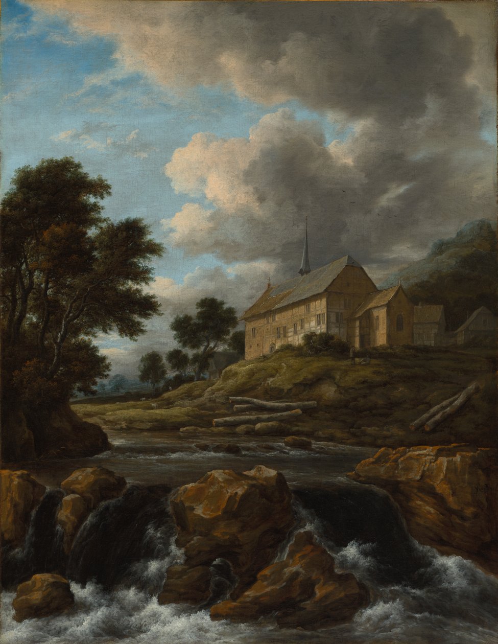 Landskap med en kirke ved en torrent, ca. 1670. av Jacob van Ruisdael