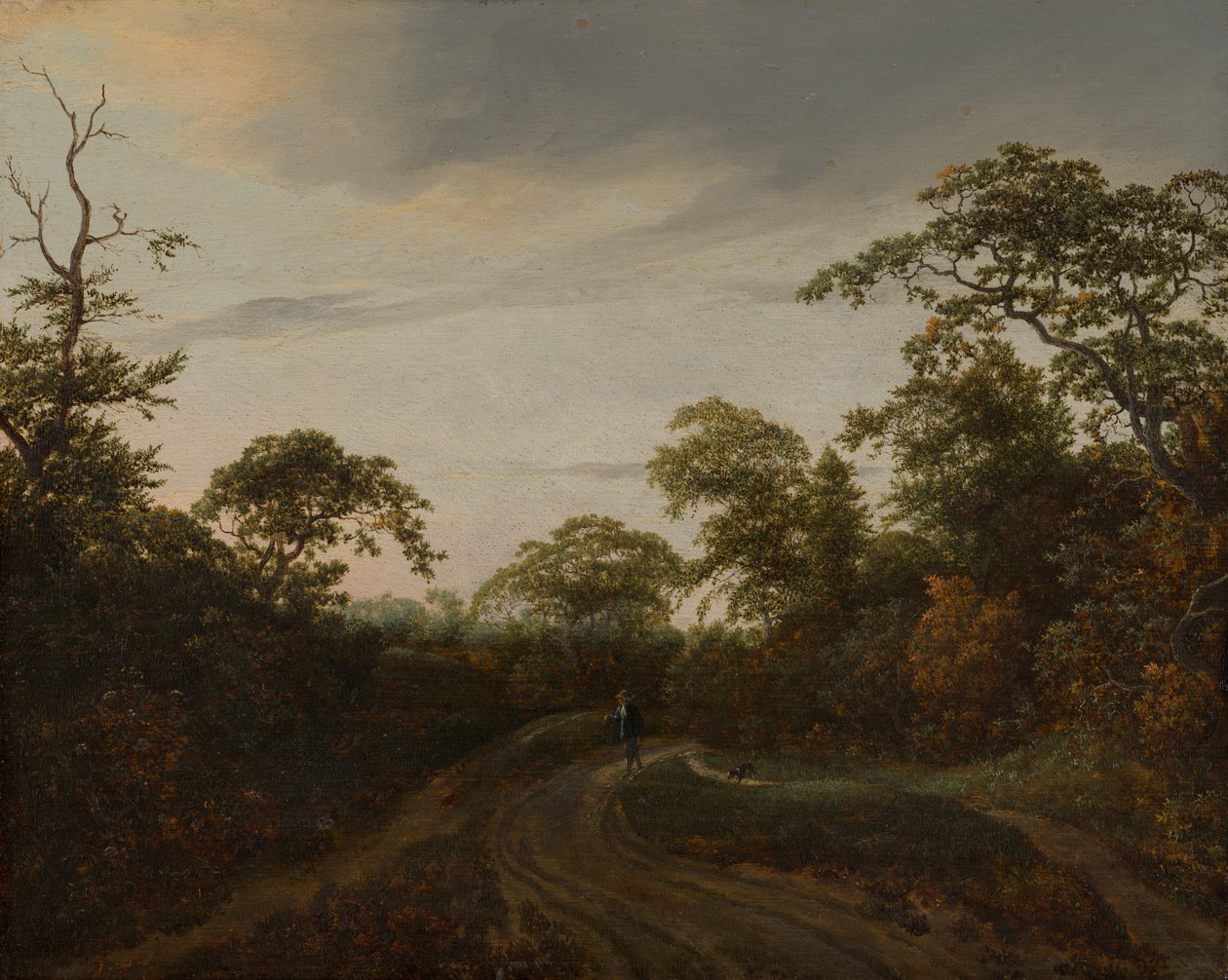 Vei gjennom et skogkledd landskap i skumringen av Jacob van Ruisdael