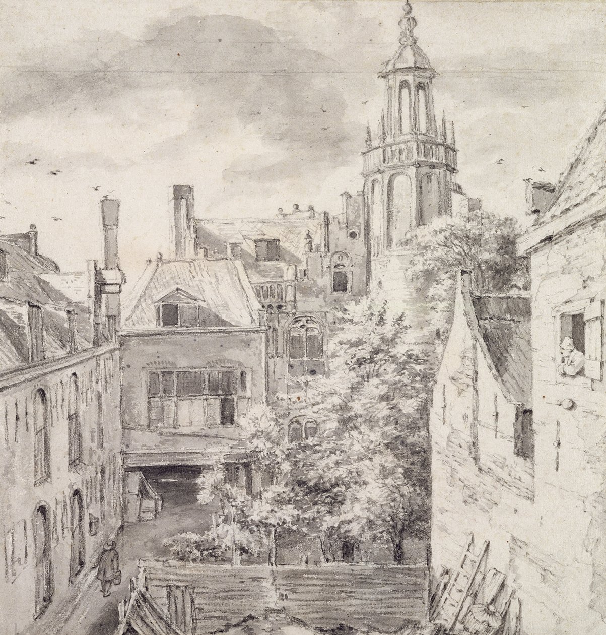 Utsikt over gårdsplassen til House of the Archers of the St. Sebastian Guild på Singel i Amsterdam (blyant og vask på papir) av Jacob van Ruisdael