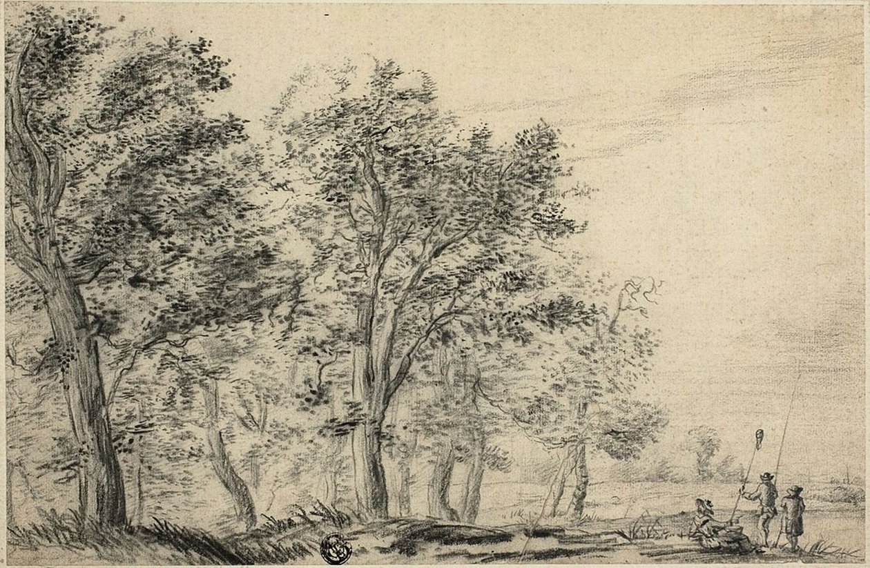 Skogkledd elvelandskap med tre personer som fisker av Jacob van Ruisdael