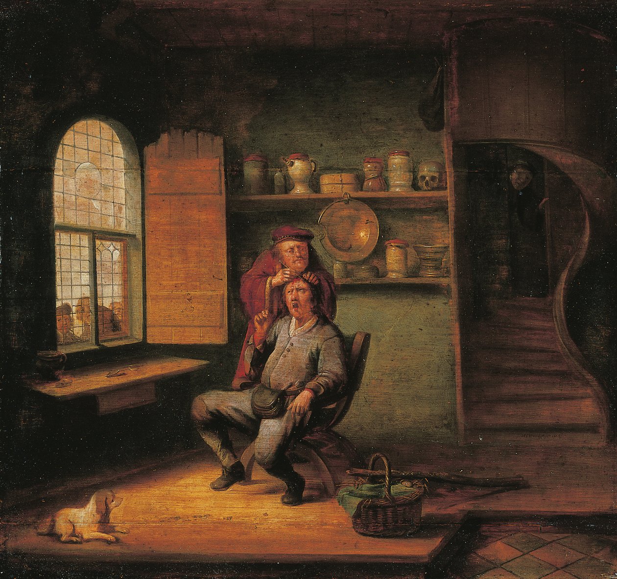 En kirurgi, med bønder som ser på en lege fjerne en stein fra hodet til pasienten hans av Jacob van Spreeuwen
