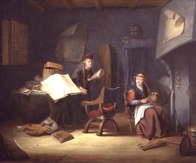 Interiør med en lærd og en gammel dame som spinner (panel) av Jacob van Spreeuwen