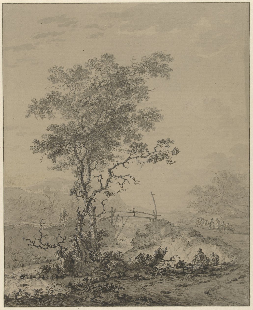 Fjelllandskap med et tre ved en elv, en bro og noen figurer av Jacob van Strij