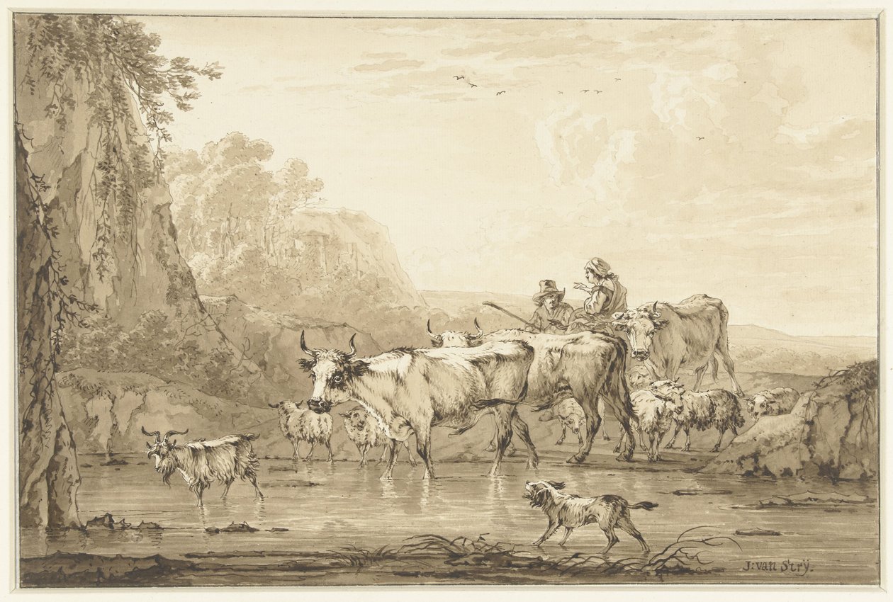 Hyrde og gjeterinne med okser og sauer ved et basseng av Jacob van Strij