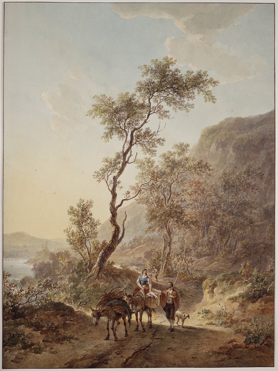 Italienskpreget landskap med et gjeterpar på en landevei av Jacob van Strij