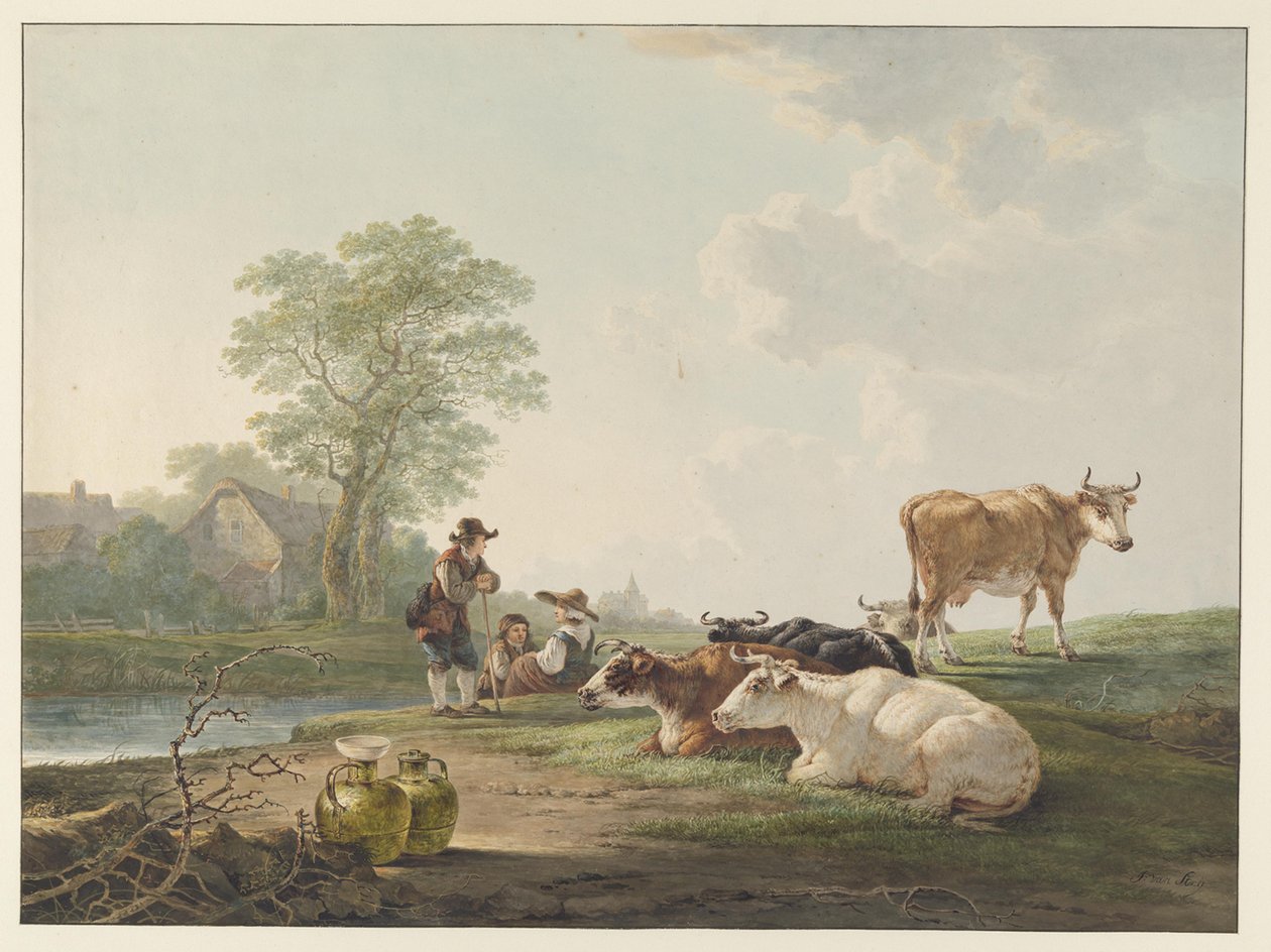 Landsfolk ved hvilende kveg i et nederlandsk landskap av Jacob van Strij