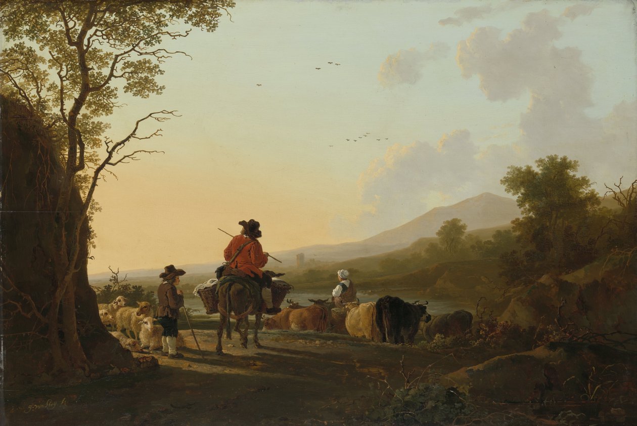 Landskap med storfedriver og gjeter, ca. 1780-85 av Jacob van Strij