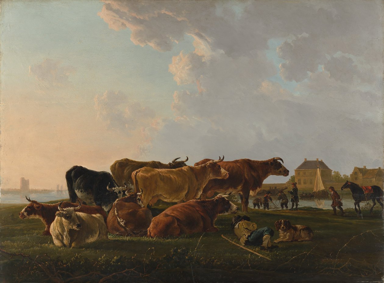 Landskap med storfe, trolig ca. 1800. av Jacob van Strij