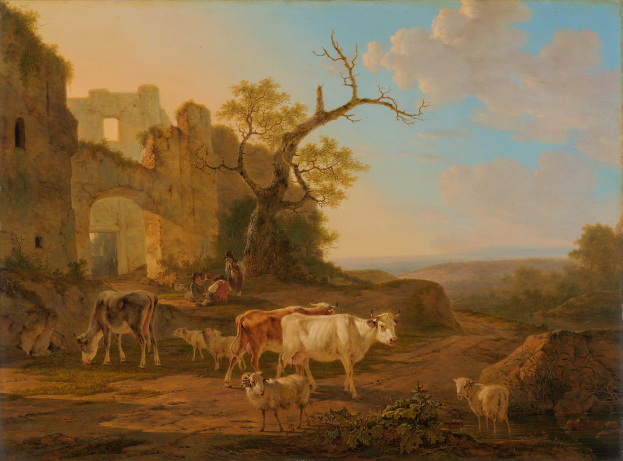 Landskap med kyr nær en ruin av Jacob van Strij