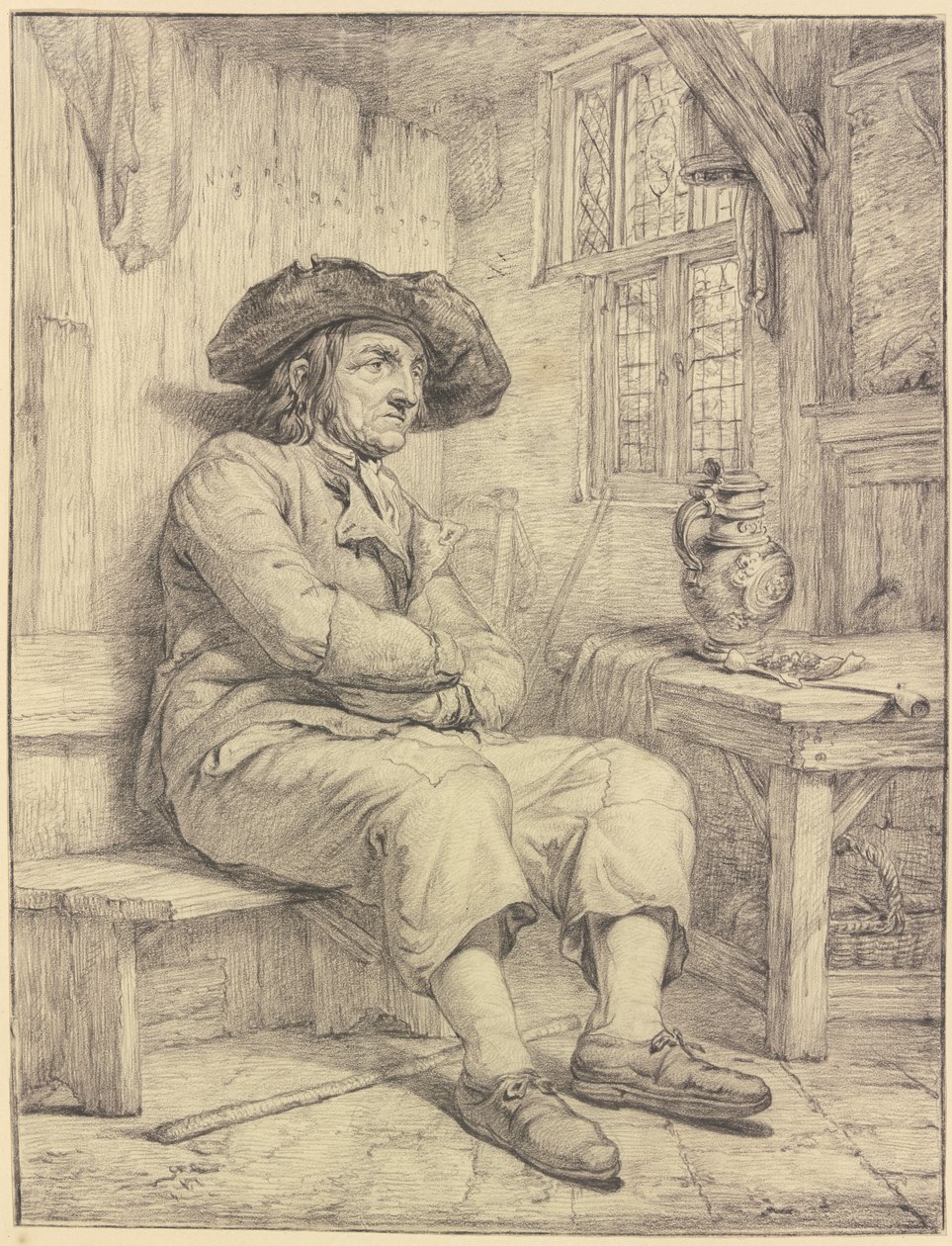 Mann som sitter ved et bord med en mugge og pipe av Jacob van Strij