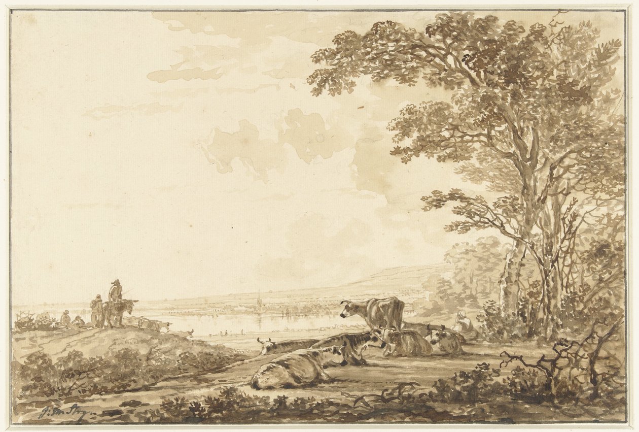 Elvelandskap med rastende storfe av Jacob van Strij