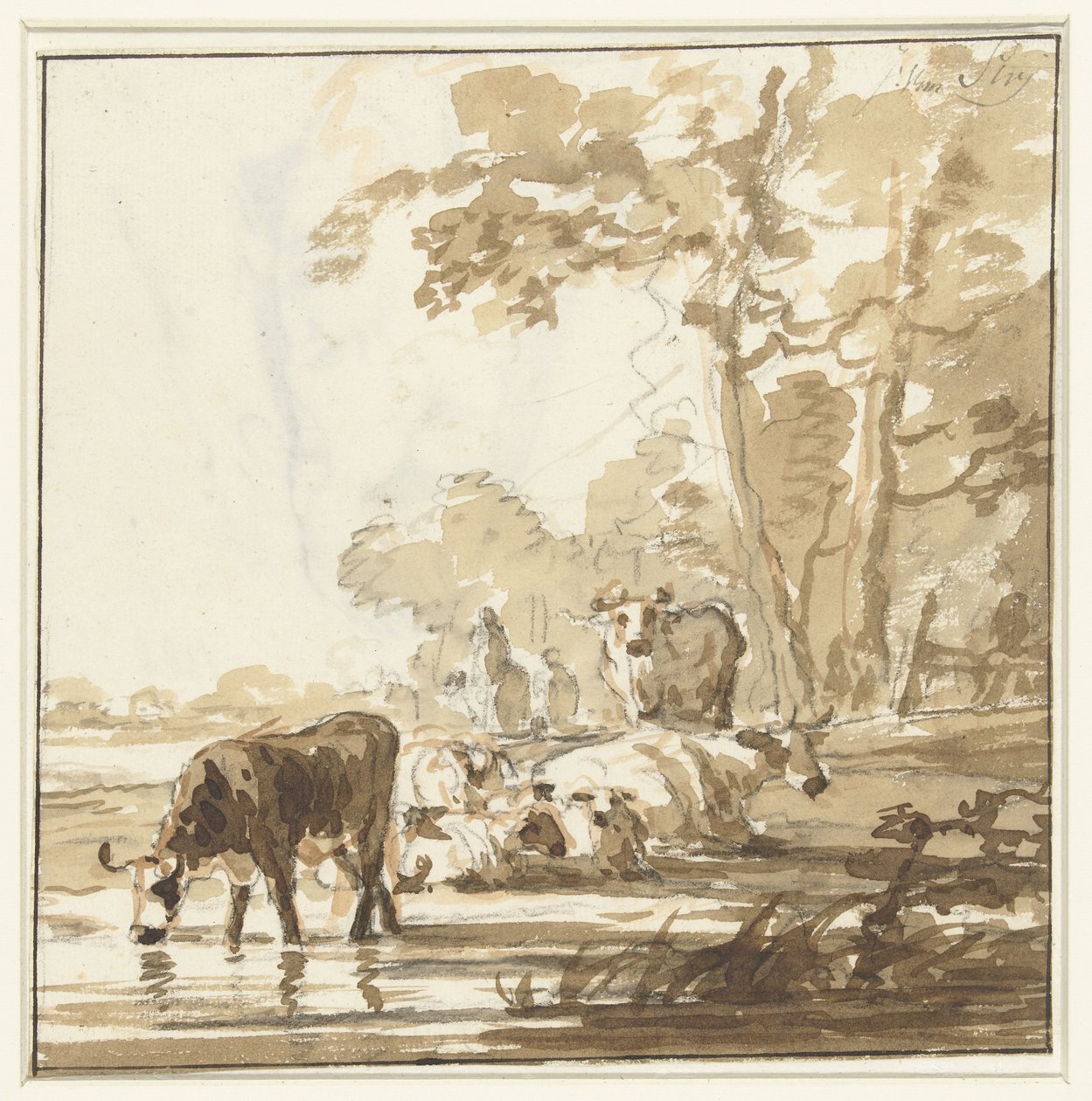 Storfe hviler på en skogkant nær en dam av Jacob van Strij