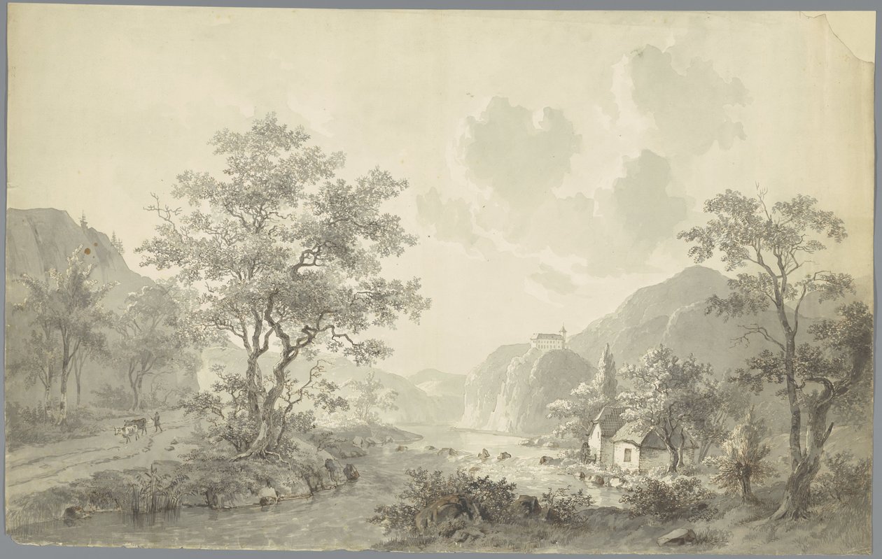 Foss ved en innsjø i et fjellandskap av Jacob van Strij