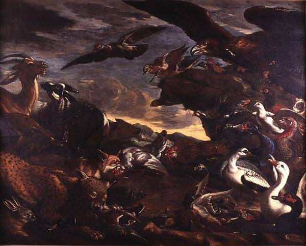 The Battle of the Birds and the Beasts (olje på lerret) av Jacob van der Kerckhoven