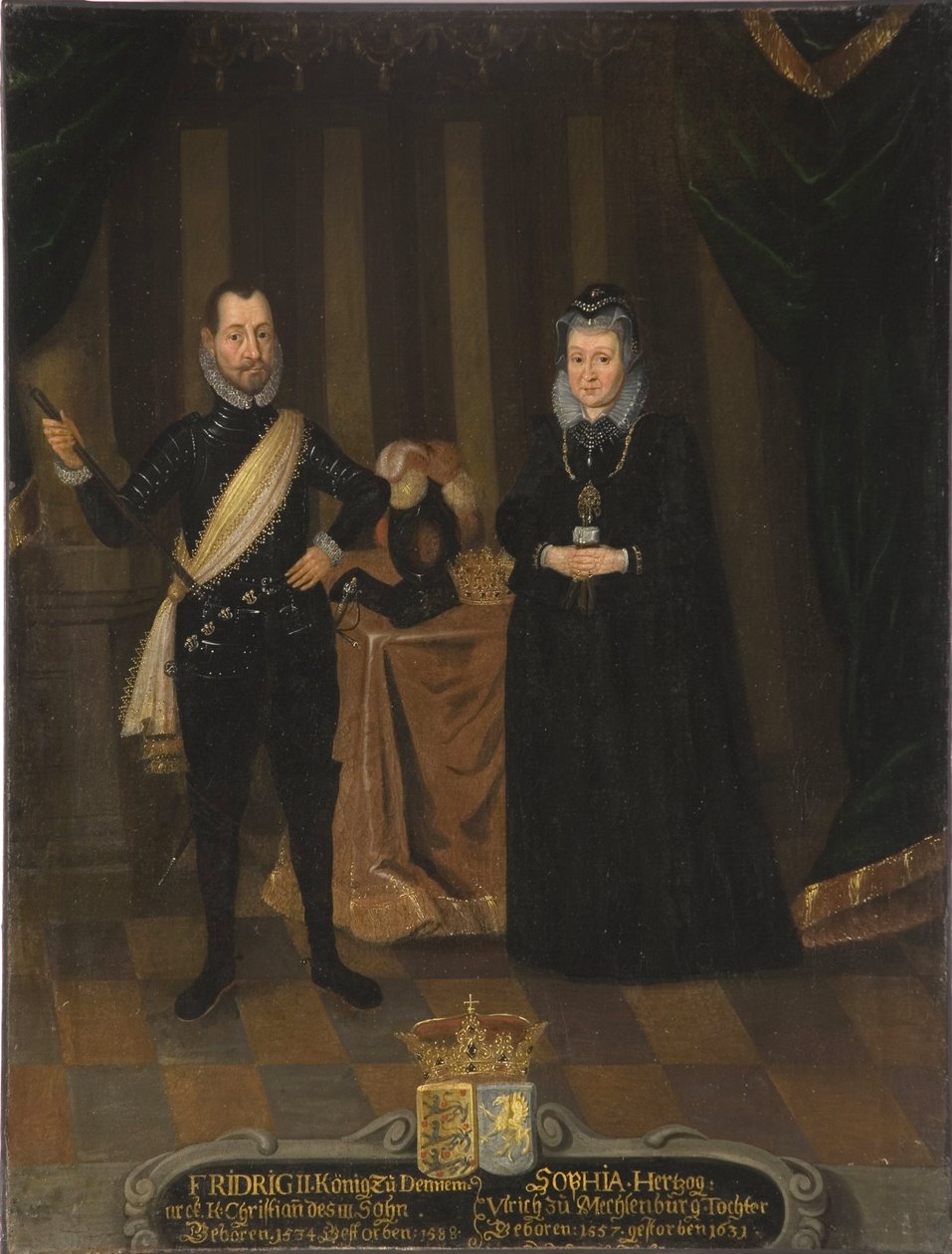 Le roi Frederic II de Danemark et Norvege et Sophie de Mecklembourg Güstrow - Kong Frederick II av Danmark (1534-1588) og Dronning Sophie av Danmark (1557-1631), av Van Doordt, Jacob, etter (? -1629). Olje på lerret. Mål: 101x79 cm. Nasjonalmuseum Lager av Jacob van der (fl.1610 29) Doordt