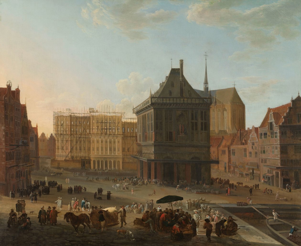 Dammen i Amsterdam med det nye rådhuset under bygging av Jacob van der Ulft (attributed to)