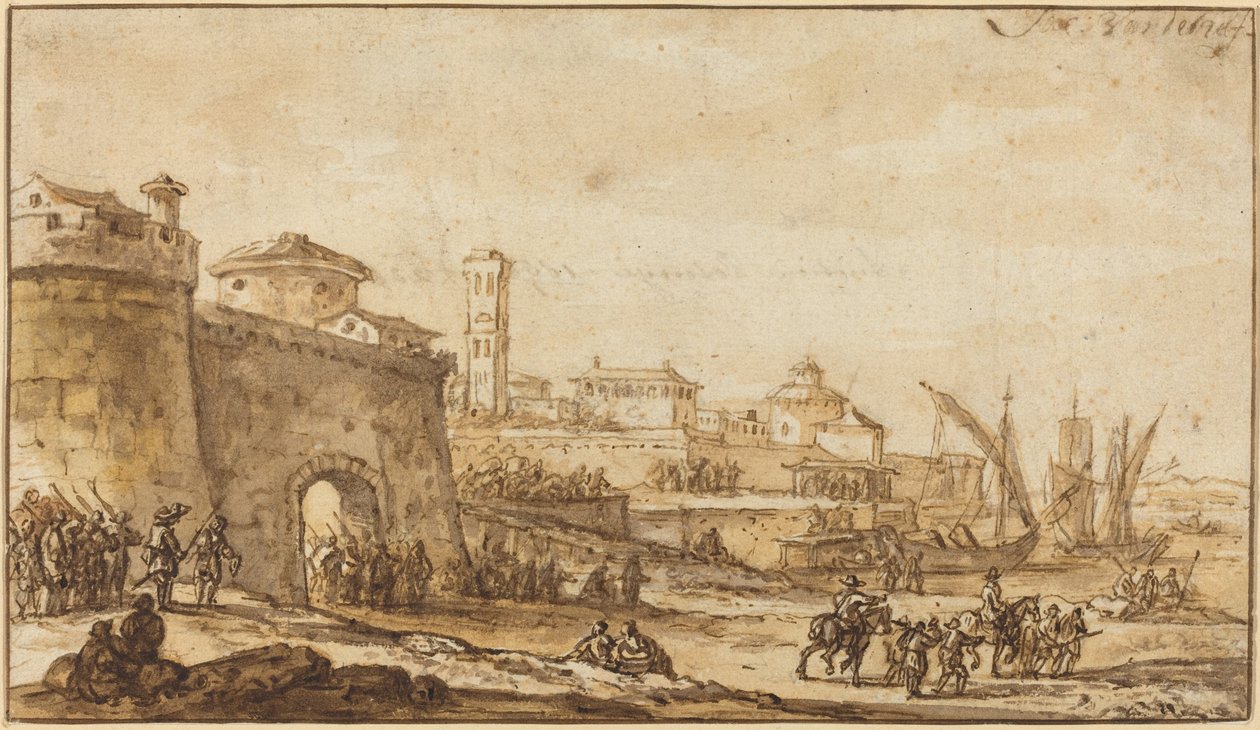 En kystscene med en befestet by av Jacob van der Ulft