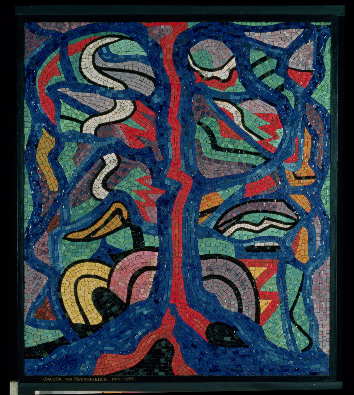 Tre, komposisjon i rødt, svart, blått og gult (mosaikk) av Jacoba Berendina van Heemskerck van Beest