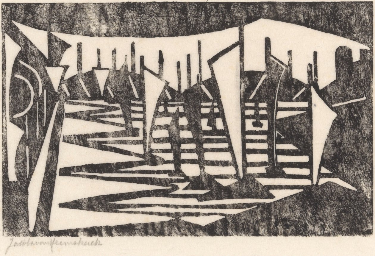 Komposisjon (Båter i en havn) av Jacoba van Heemskerck (signed by artist)
