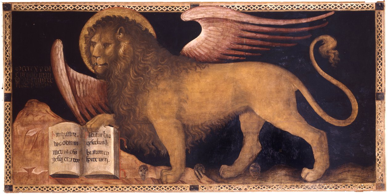 Jacobello del Fiore (ca 1370 - 1439) The Lion of Saint Mark Olje på lerret Renaissance Italia, Venetian School Palazzo Ducale, Venezia 167x340 Maleri av Jacobello del Fiore