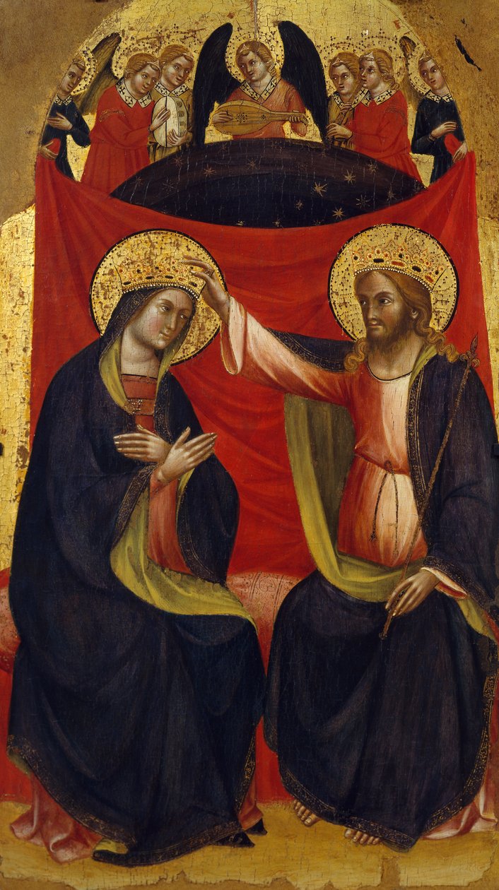 Coronation of Virgin, detalj fra sentralpanelet til Triptych med Coronation of Virgin and Saints av Jacobello av Bonomo (aktiv 1375-1385), panel av Jacobello di Bonomo