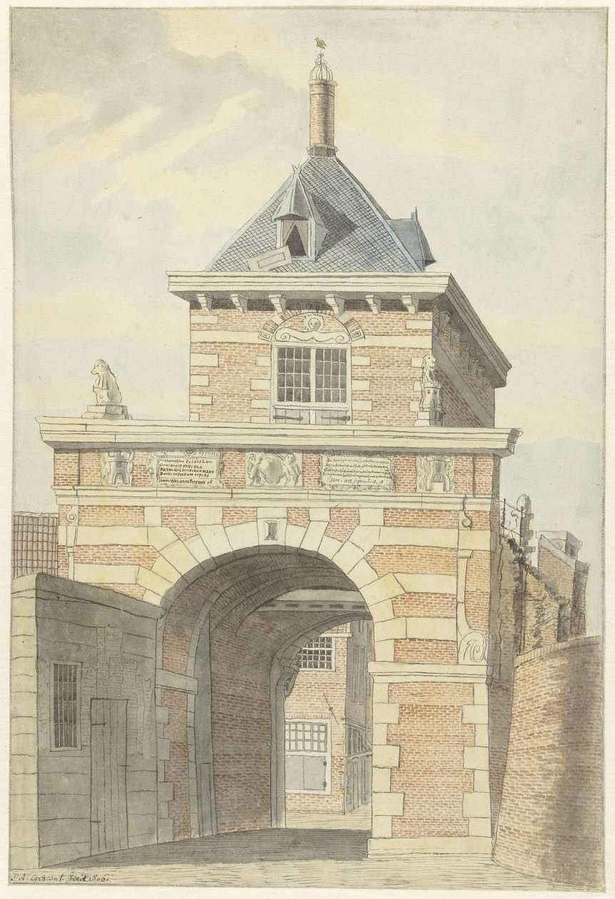 Utsikt over den gamle Vriesche Poort i Alkmaar av Jacobus Andreas Crescent