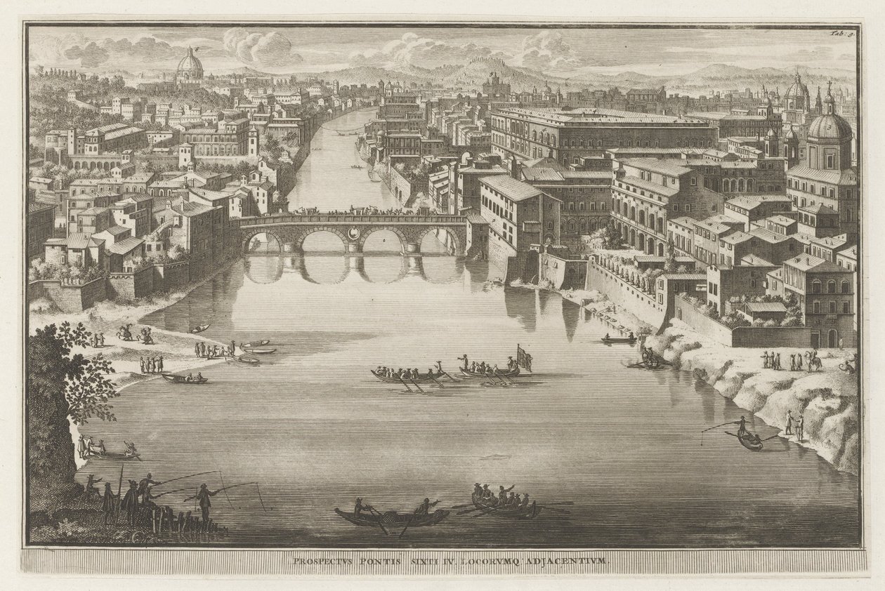 Utsikt over Roma med Ponte Sisto over elven Tiberen Prospekt Pontis Sixti IV locorumq adjadentium (tittel på objekt) Utsikt over Roma (serietittel) La Galerie agreable du mond (...) divisée en LXVI tomes...Cette party comprend le Rome moderne av Jacobus Baptist