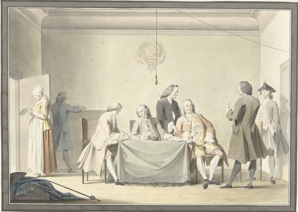 Kommisjonærmøte for å motta Liberale Gifte, eller 50. medalje, 12. september 1747 av Jacobus Buys (signed by artist)