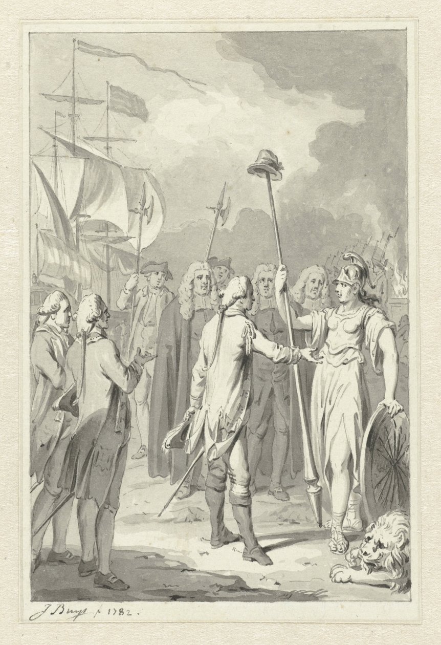 Prins William V tilbyr den nederlandske jomfruen sine tjenester av Jacobus Buys