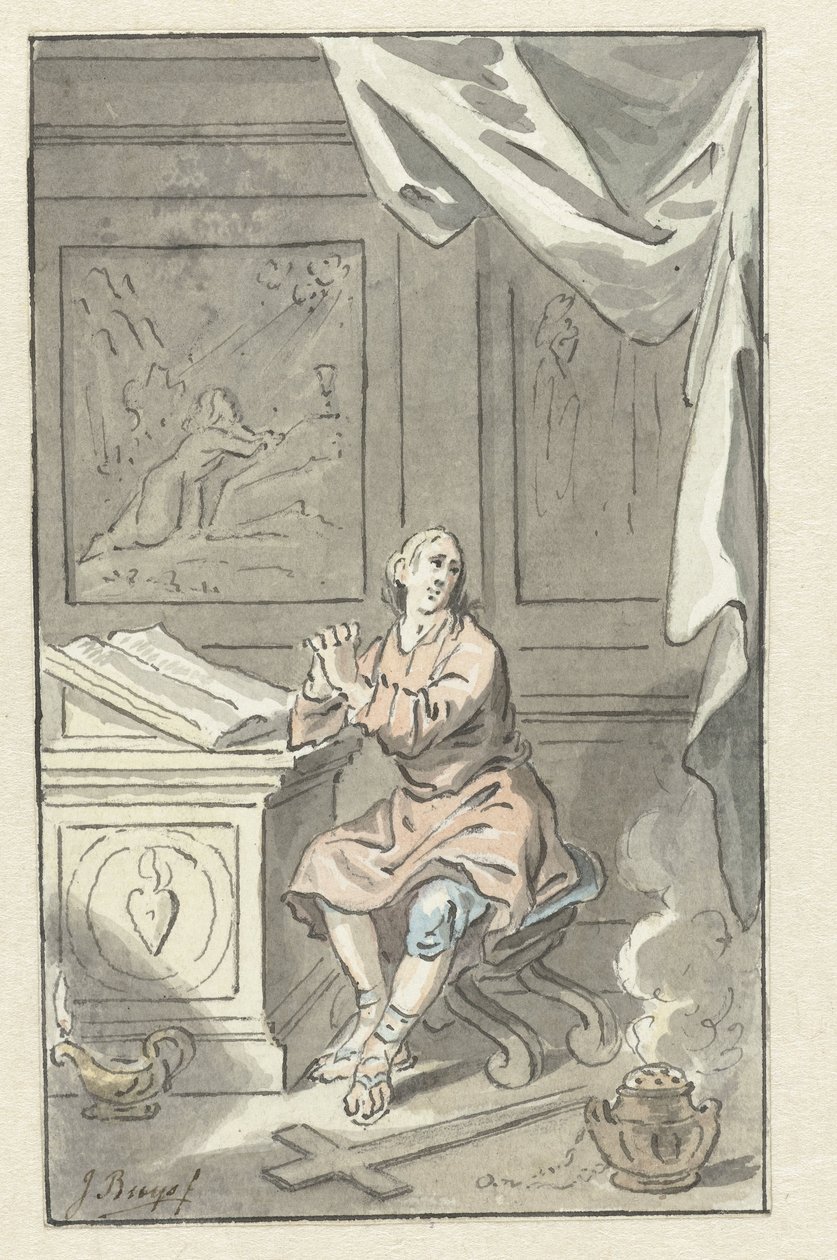 Sittende mann med foldede hender, bak en bibel av Jacobus Buys