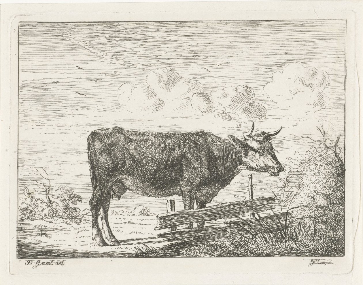 Ku som står ved et gjerde av Jacobus Cornelis Gaal