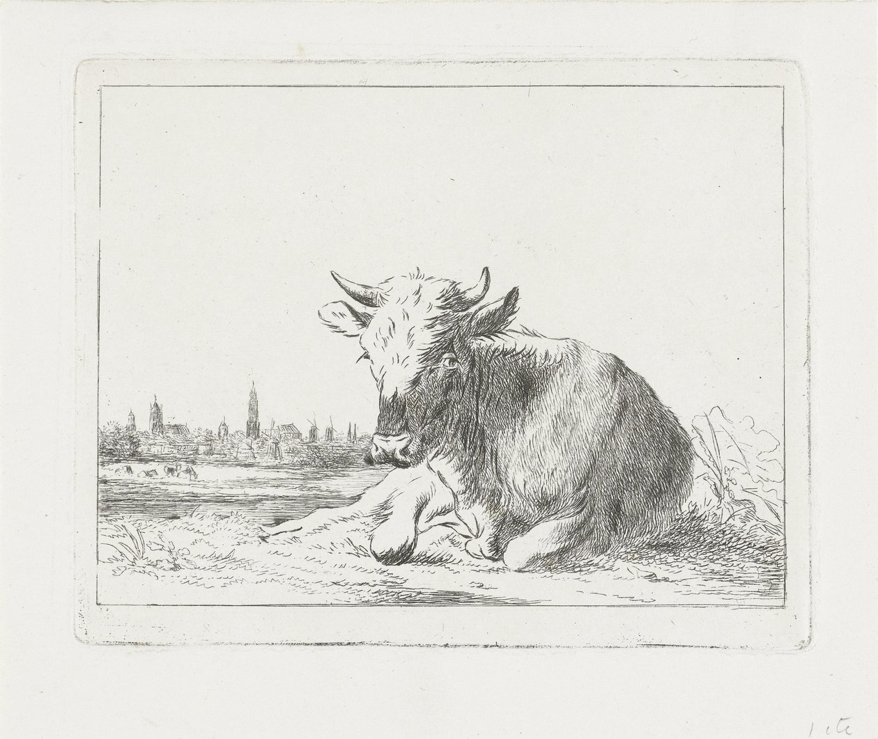 Liggende ku, i bakgrunnen en by av Jacobus Cornelis Gaal