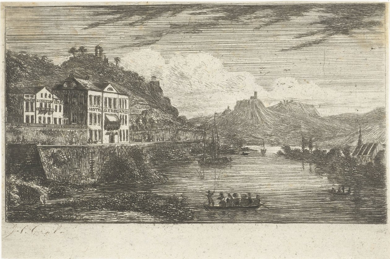 Elvelandskap med hotell på kaia av Jacobus Cornelis Gaal
