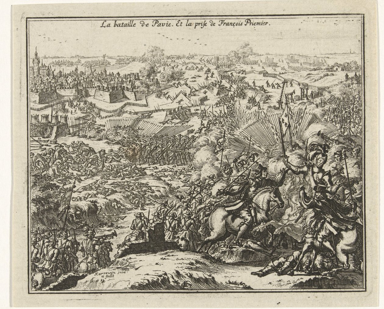 Slaget ved Pavia Fengsling av Frans I, konge av Frankrike La bataille de Pavie. Et la pris av François Priemier (tittel på objekt) av Jacobus Harrewijn